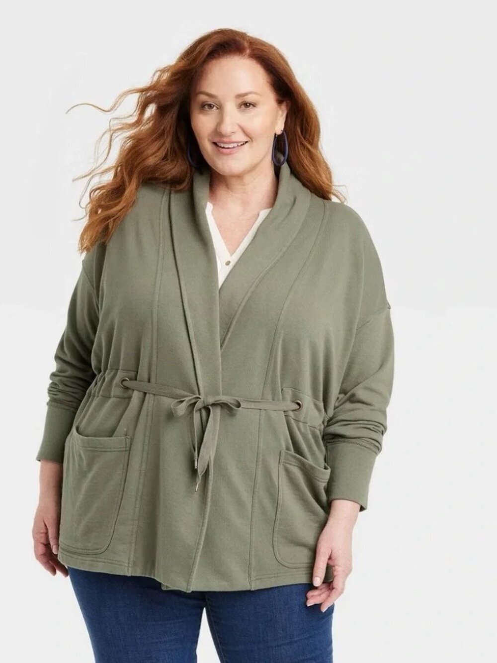 Knox Rose Jacket Womens Size XL Olive Green Drape Front Cotton Blend Pockets - Picture 3 of 16